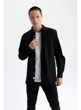 Man Regular Fit Polo Neck Woven Long Sleeve Shirt 