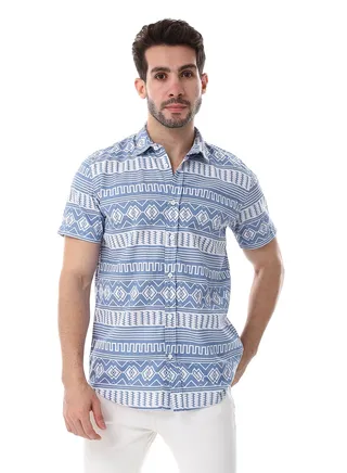 Short Sleeves Turn Down Collar Shirt - Cornflower Blue & White 