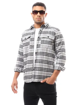 Men Long Sleeve Plaids White & Grey Shirt With Two Patched Pockets 