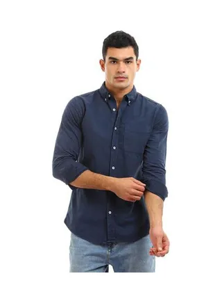 Plain-Basic Collared Neck Long Sleeve Shirt Navy Blue 