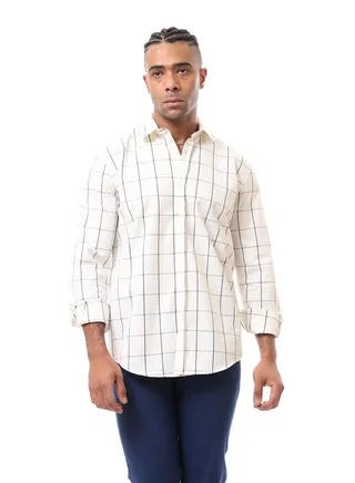 Buttoned White & Navy Blue Plaids Shirt 