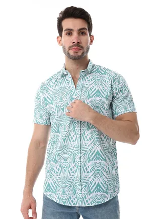 Palm Pattern Short Sleeves Shirt - Mint Green & White 
