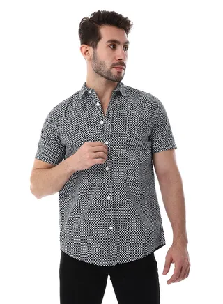 Navy Blue & White Self Pattern Short Sleeves Shirt 