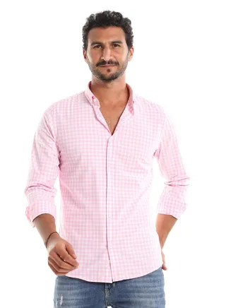 Fully Buttoned Gingham Shirt - Rose & White 
