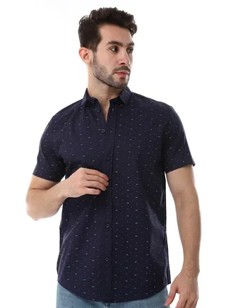 Self Pattern Buttons Down Closure Shirt - Navy Blue 