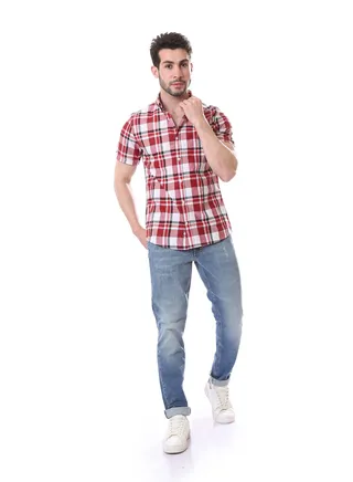 Tartan Shorts Sleeves Shirt - Light Red & White 