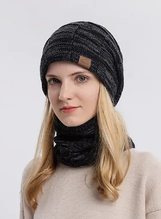 2pcs Women Mens Winter Beanie Hats Scarf Set Warm Knit Hats Skull Cap Neck Warmer with Thick Fleece Lined Winter Outdoor Sports Hat Sets Black 