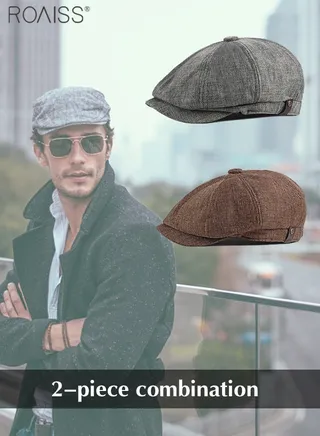 2-Piece Linen Vintage Tweed Hat Casual British Versatile Octagonal Hat Comfortable And Breathable Beret 