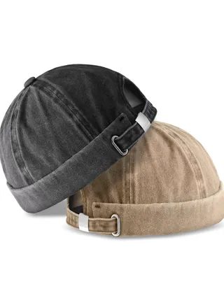 2 Pieces Brimless Hats for Men Adjustable Docker Hat Casual No Brim Hat Visor Less Flip Hat Sailor Skullcap Leather Buckle Street Casual Docker Beanie Skull Caps 