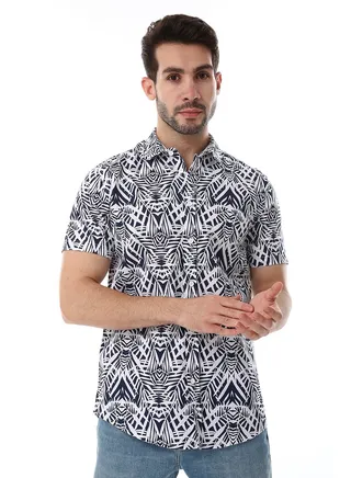 Palm Pattern Short Sleeves Shirt - Navy Blue & White 