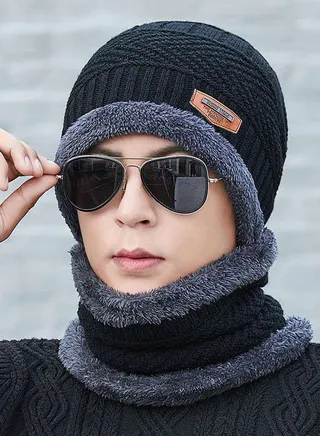 2-piece Beanie Hat Scarf Set Winter Warm Knitted Hat and Circle Scarf Fleece Liner Skiing Hat Neck Warmer Outdoor Sports Hat Sets for Men Women 