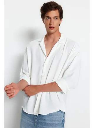 White Men's Oversize Fit Apache Collar Summer Linen Look Shirt 