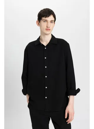 Man Relax Fit Polo Neck Woven Long Sleeve Shirt 