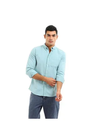 Plain-Basic Collared Neck Long Sleeve Shirt Green 