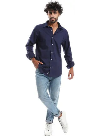 Plain Pattern Long Sleeves Buttons Down Shirt _ Navy Blue 