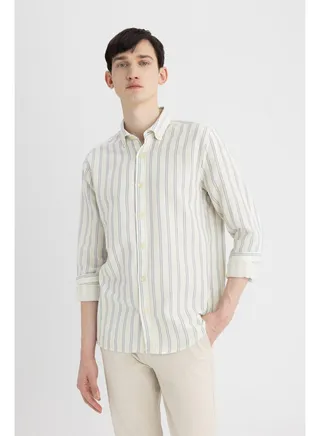 Man Regular Fit Polo Neck Woven Long Sleeve Shirt 