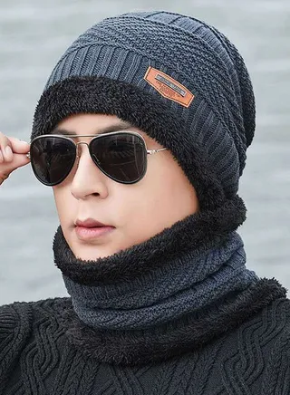 2-piece Beanie Hat Scarf Set Winter Warm Knitted Hat and Circle Scarf Fleece Liner Skiing Hat Neck Warmer Outdoor Sports Hat Sets for Men Women 