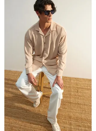 Stone Men's Oversize Fit Wide Collar Summer Linen Look Shirt 