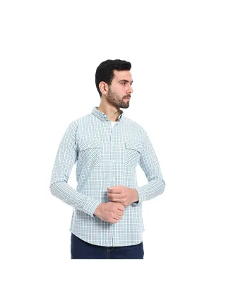 Buttons Down Closure Dupplin Pattern Shirt - White, Blue & Lime Green 