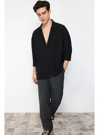 Men's Black Oversize Fit Wide Collar Shirt 
