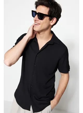 Black Men's Regular Fit Textured Summer Shirt 