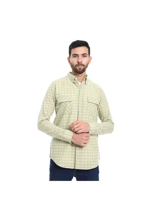 Windowpane Pattern Long Sleeves Shirt - Pistachio & Beige 