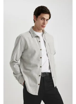 Man Regular Fit Polo Neck Woven Long Sleeve Shirt 