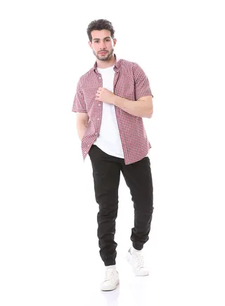 Plaids Short Sleeves Summer Shirt - Red & Navy Blue 