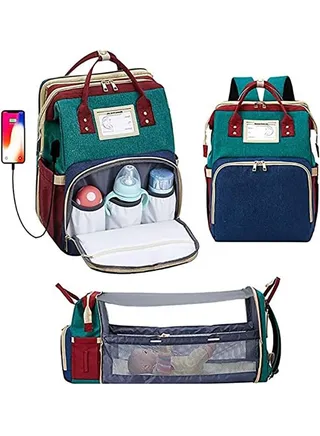 Diaper Bag Backpack with Changing Station, Travel Baby Nappy Bag with USB Charging Waterproof Mommy Bag Large Capacity Diaper Bag Totes with Portable Travel Bassinet for Essentials New Born Girl Boy 