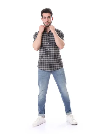 Bi-Tone Plaids Short Sleeves Shirt - Black & White 