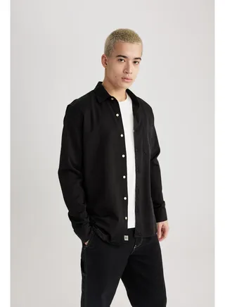 Man Regular Fit Polo Neck Woven Long Sleeve Shirt 