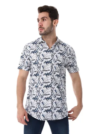 Self Pattern Turn Down Collar Shirt - White, Grey & Navy Blue 