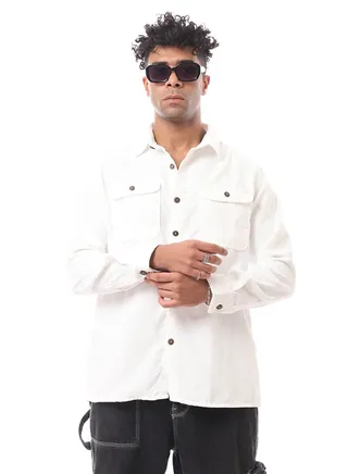 Front Patched Pockets White Corduroy Shirt 