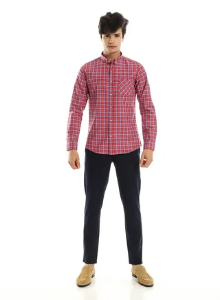 Long Sleeves Buttoned Red Shirt with Classic Collar 