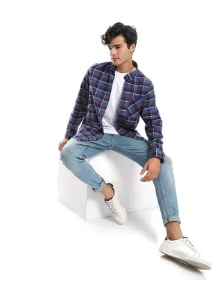 Plaids Shades Of Blue & Red Button Down Shirt_Blue & Red 