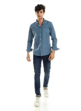 Marine Green & Blue Long Sleeves Shirt with Full Front Buttons 