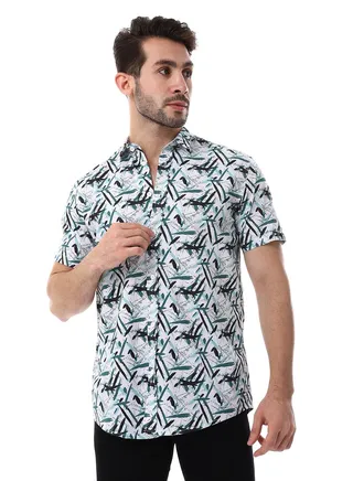 Self Pattern Turn Down Collar Shirt - White, Black & Green 