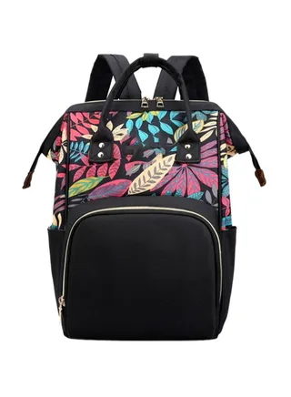 Multifunctional Large Capacity Leaf Printed Mommy Diaper Bag, 18-24 Months - Black 