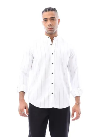 Mandarin Collar White Striped Linen Shirt 