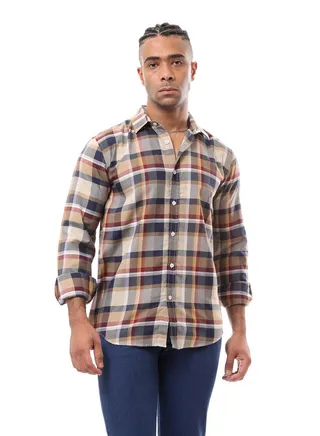 Beige & Dark Red Long Sleeves Plaids Shirt 