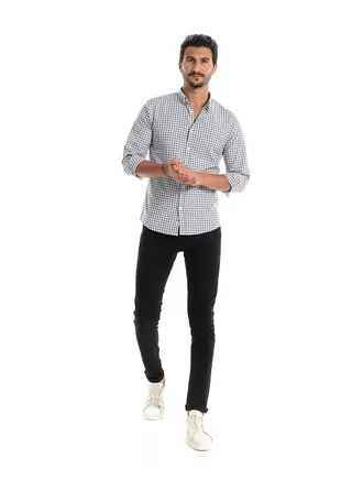 White & Grey Gingham Long Sleeves Buttoned Down Shirt 