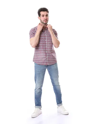 Buttoned Regular Fit Plaids Ruby  Shirt -Red & White 