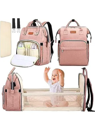 28L large-capacity multifunctional foldable baby diaper bag, pregnant women's backpack, mommy diaper backpack - Pink 