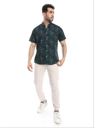 Patterned Summer Half Sleeves Shirt_Navy Blue & Sky Blue 