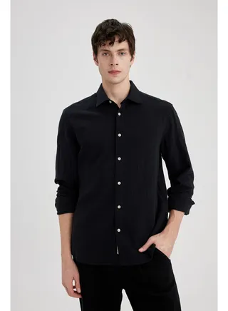 Man Regular Fit Polo Neck Woven Long Sleeve Shirt 