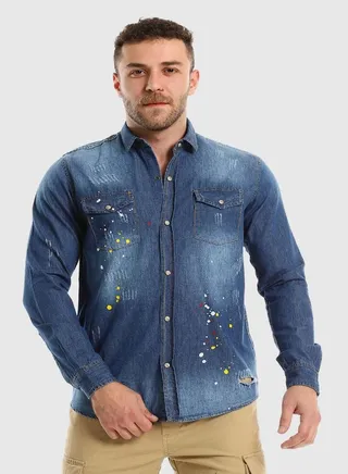 Long Sleeves Snap Buttons Denim Shirt - Light Blue 