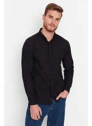 Black Men's Button Down Collar With Epaulettes, Slim Fit Long Sleeved 100% Cotton Shirt. 