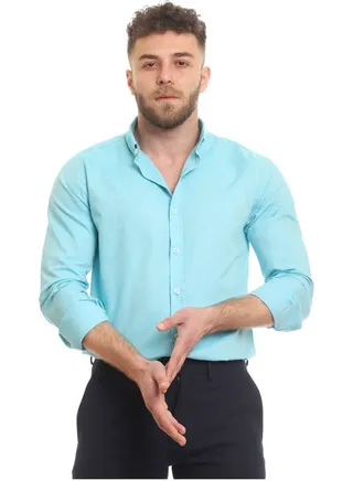 Casual Plain Basic Collared Neck Shirt Turquoise 