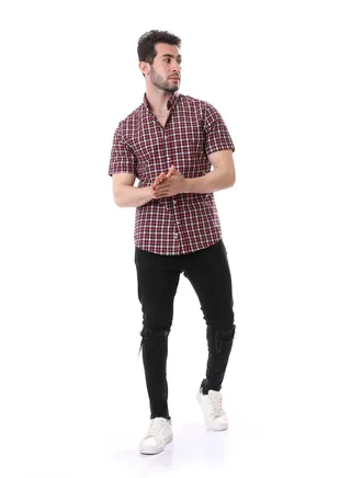 Plaids Short Sleeves Summer Shirt - Dark Red, Black & White 