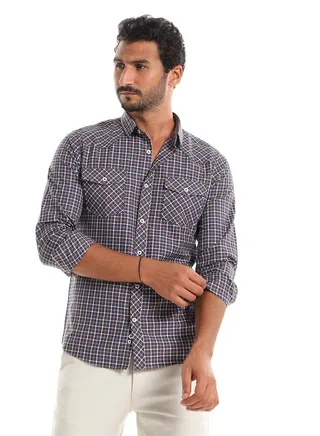 Plaid Button Down Shirt - Brown, Navy & White 